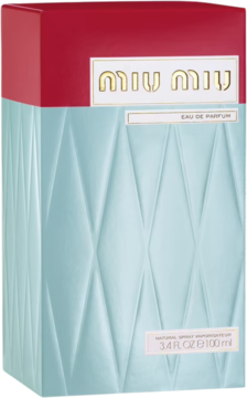 Miu Miu woda perfumowana w kartonowym pudełku, górna część czerwona, dolna turkusowa z geometrycznym wzorem, widok z przodu.