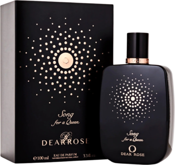 Perfumy Song For a Queen DearRose: czarna butelka i pudełko ze złotym wzorem słońca, widok z przodu.