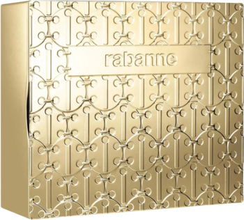 Złote, metaliczne opakowanie zestawu Paco Rabanne Olympea, prostokątne, z tłoczonym wzorem ogniw i napisem "rabanne".