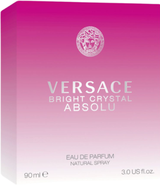 Różowo-białe pudełko perfum Versace Bright Crystal Absolu EDP 90ml, ze srebrnym logo Meduzy, widok z przodu.