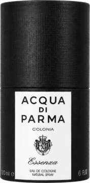Acqua Di Parma Colonia Essenza, męska woda kolońska w czarnym, teksturowanym cylindrycznym opakowaniu.
