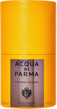 Acqua di Parma Colonia Intensa, żółte cylindryczne opakowanie z czarną etykietą, widok z przodu.
