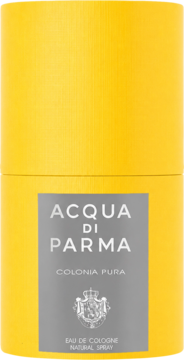 Acqua di Parma Colonia Pura, żółta woda kolońska w cylindrycznym opakowaniu z szarą etykietą, widok z przodu.