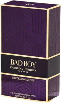 Pudełko perfum Bad Boy Dazzling Garden o pojemności 100ml, fioletowe z geometrycznym wzorem i złotymi detalami.