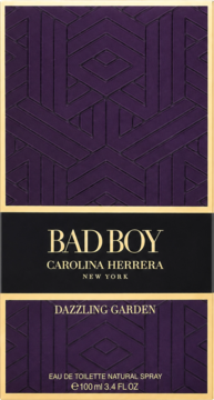 Ciemnofioletowe pudełko Carolina Herrera Bad Boy Dazzling Garden EDT 100 ml, z geometrycznym wzorem i złotymi napisami.