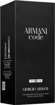 Czarne pudełko Armani Code Parfum 125ml, widok z przodu i boku, z białymi napisami i grafiką refilla.