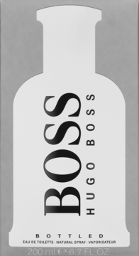 Opakowanie wody toaletowej Hugo Boss Bottled 200 ml, front szarego kartonu z czarnym napisem BOSS.