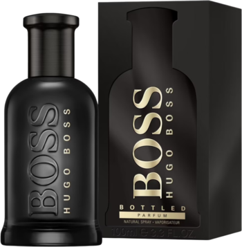 BOSS Bottled Parfum: matowa czarna butelka i pudełko, bursztynowo-drzewne perfumy dla mężczyzn.