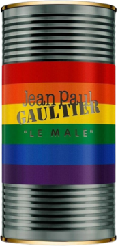 Jean Paul Gaultier Le Male Pride Collector, metalowa puszka z tęczową etykietą, widok z przodu.