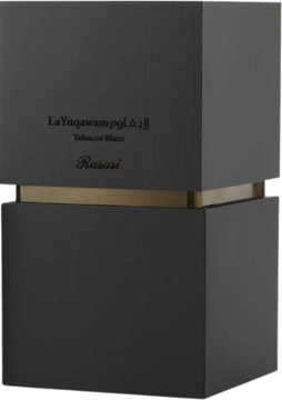 Rasasi La Yuqawam Tobacco Blaze woda perfumowana w matowej, ciemnej butelce z poziomym złotym paskiem, widok z przodu.