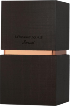 La Yuqawam Rasasi: luksusowy zapach w matowym, ciemnobrązowym pudełku z błyszczącą miedzianą opaską. Widok z przodu.