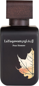 Flakon perfum La Yuqawam Pour Homme, czarny matowy, z brązową drewnianą nakrętką i złotym liściem, z przodu.