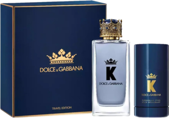 Zestaw K by Dolce & Gabbana: granatowe pudełko, flakon EDT z koroną oraz granatowy dezodorant w sztyfcie 75g.