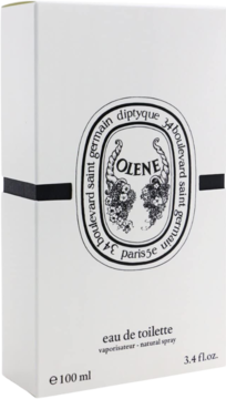 Białe kartonowe pudełko Diptyque Olene Eau de Toilette, z czarnym owalnym logo i paskiem, widok z przodu.