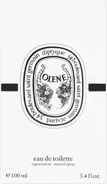 Białe pudełko Diptyque Olene Eau de Toilette 100 ml z czarno-białą etykietą i grafiką kwiatową.