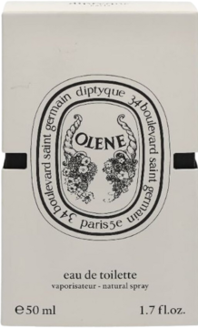 Białe pudełko Diptyque Olene Eau de Toilette 50ml, z centralną owalną grafiką i czarnym tekstem, widok z przodu.
