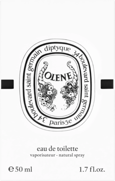 Diptyque Olene Eau de Toilette 50ml w eleganckim białym pudełku z czarno-białą, owalną etykietą, widok z przodu.