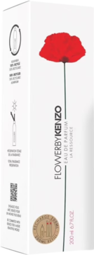 Białe pudełko Flower by Kenzo Eau de Parfum 200ml refill, z dużą czerwoną grafiką maku, widok ukośny.