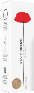 Białe pudełko Flower by Kenzo Eau de Parfum 200ml refill, z dużą czerwoną grafiką maku, widok ukośny.