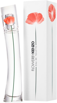 Flower by Kenzo Eau de Toilette: przezroczysta butelka z czerwonym makiem i białe pudełko z grafiką maku.