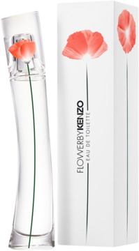 Flower by Kenzo Eau de Toilette: przezroczysta butelka z czerwonym makiem i białe pudełko z grafiką maku.