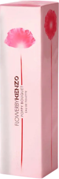 Różowe pionowe opakowanie Flower by Kenzo Poppy Bouquet Eau de Toilette, z grafiką różowego maku, widok z przodu i z boku.