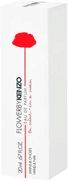 Biały kartonik kremu do rąk FlowerbyKenzo z czerwonym makiem i napisem "Eau de Parfum", widok pod kątem.