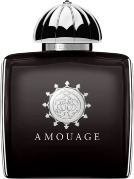 Amouage Memoir woda perfumowana, czarna butelka z ozdobnym srebrnym korkiem i logo, widok z przodu.