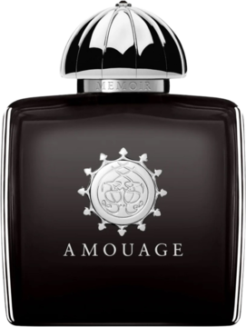 Amouage Memoir woda perfumowana, czarna butelka z ozdobnym srebrnym korkiem i logo, widok z przodu.