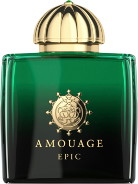 Woda perfumowana Amouage Epic w eleganckiej, szmaragdowej butelce ze złotą zakrętką i detalami, widok z przodu.