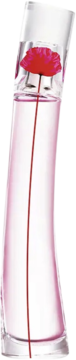 Flower by Kenzo Poppy Bouquet woda perfumowana w smukłej, różowej butelce z czerwoną makówką w środku, widok z przodu.