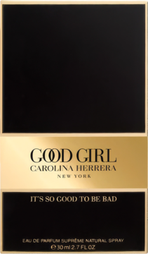 Czarno-złote opakowanie perfum Good Girl Supreme Carolina Herrera, 30ml, widok z przodu, z napisem It's So Good To Be Bad.