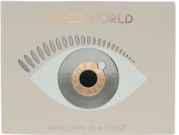 Pudełko perfum Kenzo World EDT, kremowe, z motywem oka w odcieniach szarości i złota, widok z przodu.
