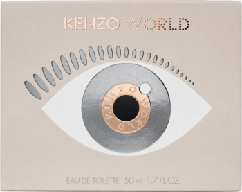 Kenzo World woda toaletowa 50ml. Beżowe pudełko z metalicznym okiem w srebrno-złotych barwach, widok z przodu.