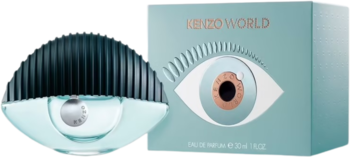 Flakon Kenzo World EDP w kształcie oka z granatową nakrętką i pasujące turkusowe pudełko, widok z przodu.