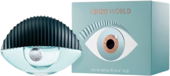 Flakon Kenzo World EDP w kształcie oka z granatową nakrętką i pasujące turkusowe pudełko, widok z przodu.