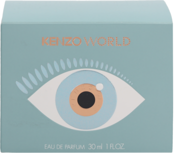 Kenzo World woda perfumowana. Jasnoniebieskie pudełko z dużym, stylizowanym okiem w odcieniach błękitu i pomarańczy.