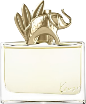 Kenzo Jungle L'Elephant, korzenne perfumy damskie, w przezroczystym flakonie ze złotym korkiem-słoniem, widok z przodu.