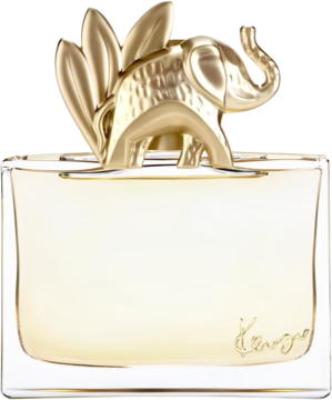 Flakon korzennych perfum Kenzo Jungle L'Elephant z jasnym płynem i złotym korkiem w kształcie słonia.