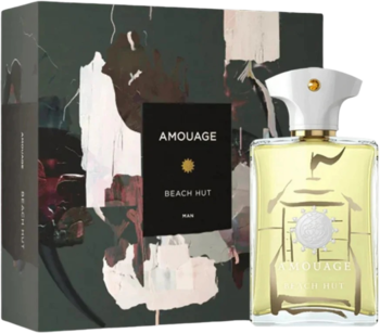 Męskie perfumy Amouage Beach Hut Man: butelka z żółtym płynem i białą nakrętką obok pudełka z zielono-czarnym wzorem.