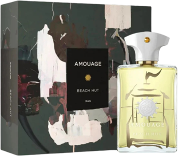 Męskie perfumy Amouage Beach Hut Man: butelka z żółtym płynem i białą nakrętką obok pudełka z zielono-czarnym wzorem.