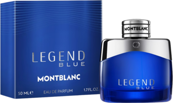 Montblanc Legend Blue EDP w granatowym flakonie z metalową nakrętką oraz pasującym granatowym kartonikiem. Widok z przodu.