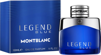 Niebieska woda perfumowana Montblanc Legend Blue, elegancka butelka i pudełko z paskami, widok z przodu.