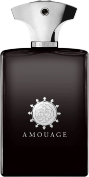 Amouage Memoir Men's EDP, prostokątna czarna butelka ze srebrną nakrętką i emblematem, widok z przodu.