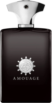 Amouage Memoir Men's EDP, prostokątna czarna butelka ze srebrną nakrętką i emblematem, widok z przodu.