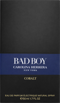 Czarne pudełko perfum Carolina Herrera Bad Boy Cobalt 50ml, z niebieskim paskiem i białym napisem, widok z przodu.
