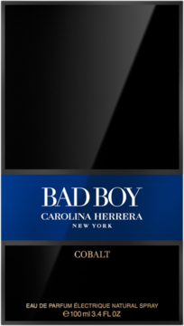 Carolina Herrera Bad Boy Cobalt EDP, męska woda perfumowana w czarno-niebieskim opakowaniu, widok z przodu.