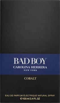 Czarne pudełko perfum Carolina Herrera Bad Boy Cobalt EDP 100ml, z niebieskim pasem, widok z przodu.