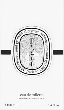 Białe pudełko Diptyque Oyedo Eau de Toilette 100ml z owalnym logo i poziomym czarnym pasem, widok z przodu.