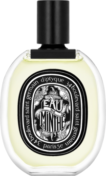 Diptyque Eau de Minthé, woda perfumowana o zapachu mięty, jasnożółty płyn w owalnym flakonie, czarna etykieta, widok z przodu.
